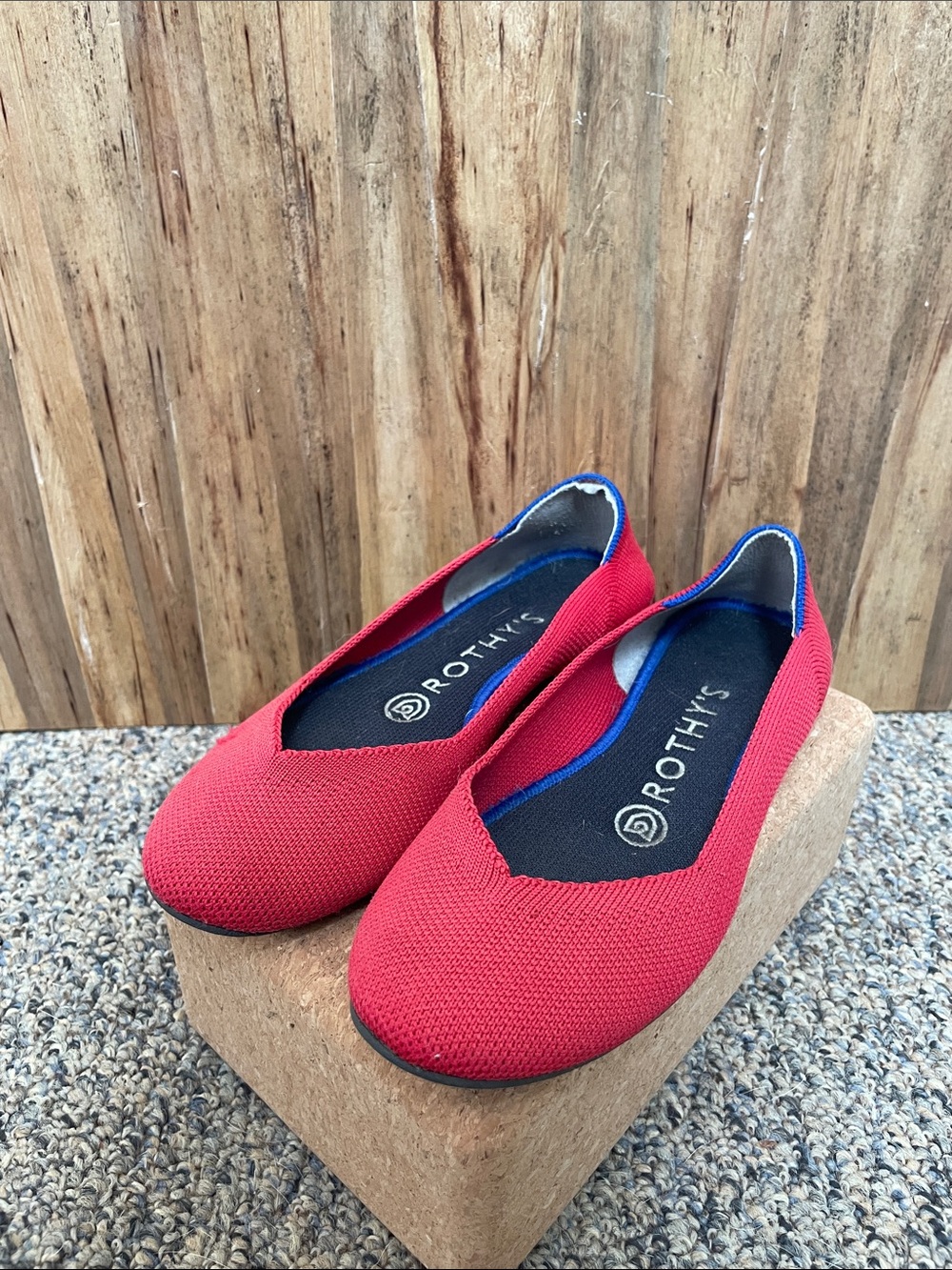 Rothy's Red Knit Flats with Blue Trim